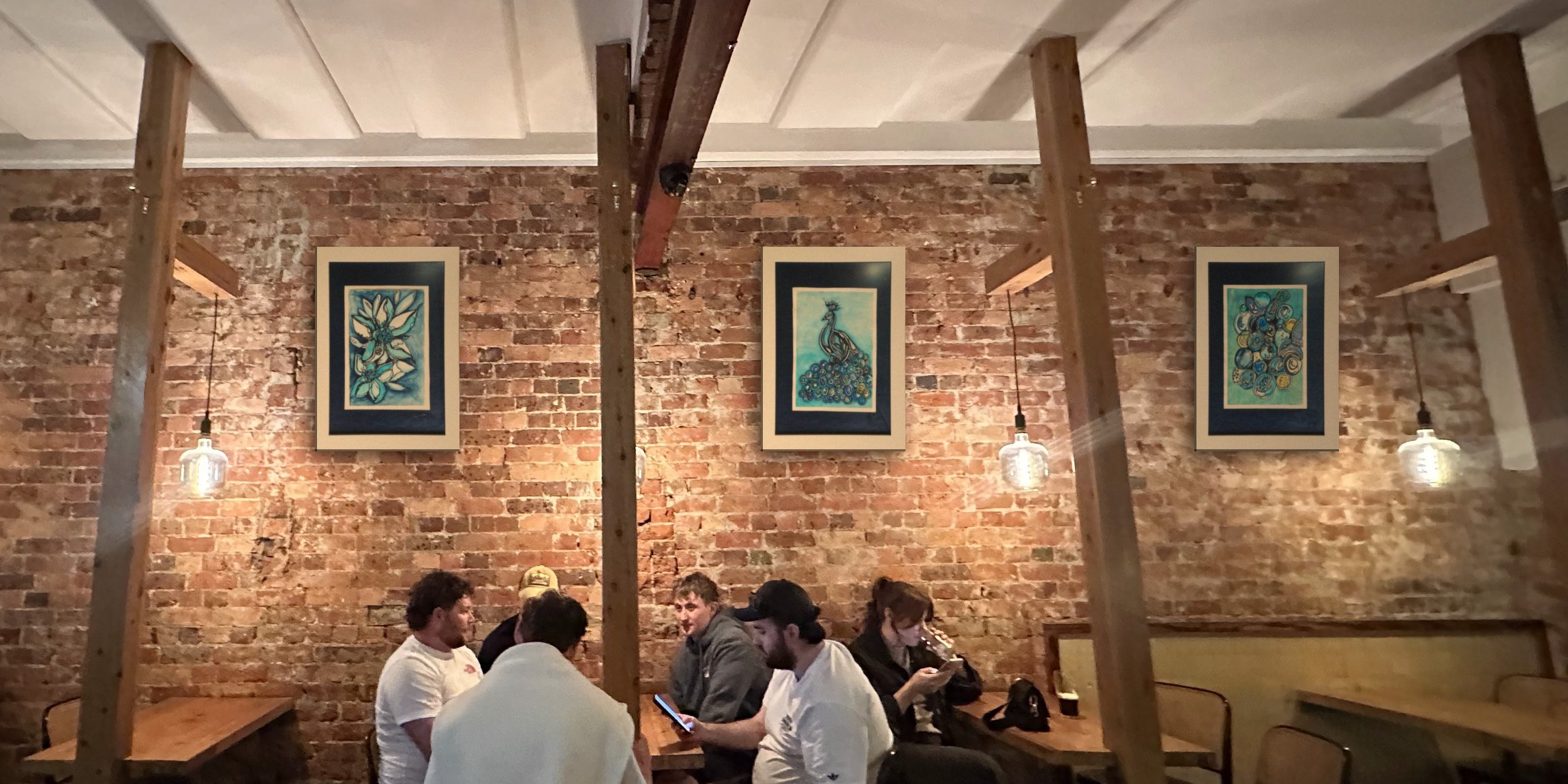 Peaarty, Bluessoms and Blue Bubbles — A2 framed, as they'd hang in a bar